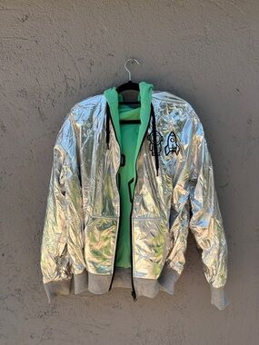 Limited edition Jeremy Scott Metallic Silver Bomber Jacket w Mint Green Hoodie